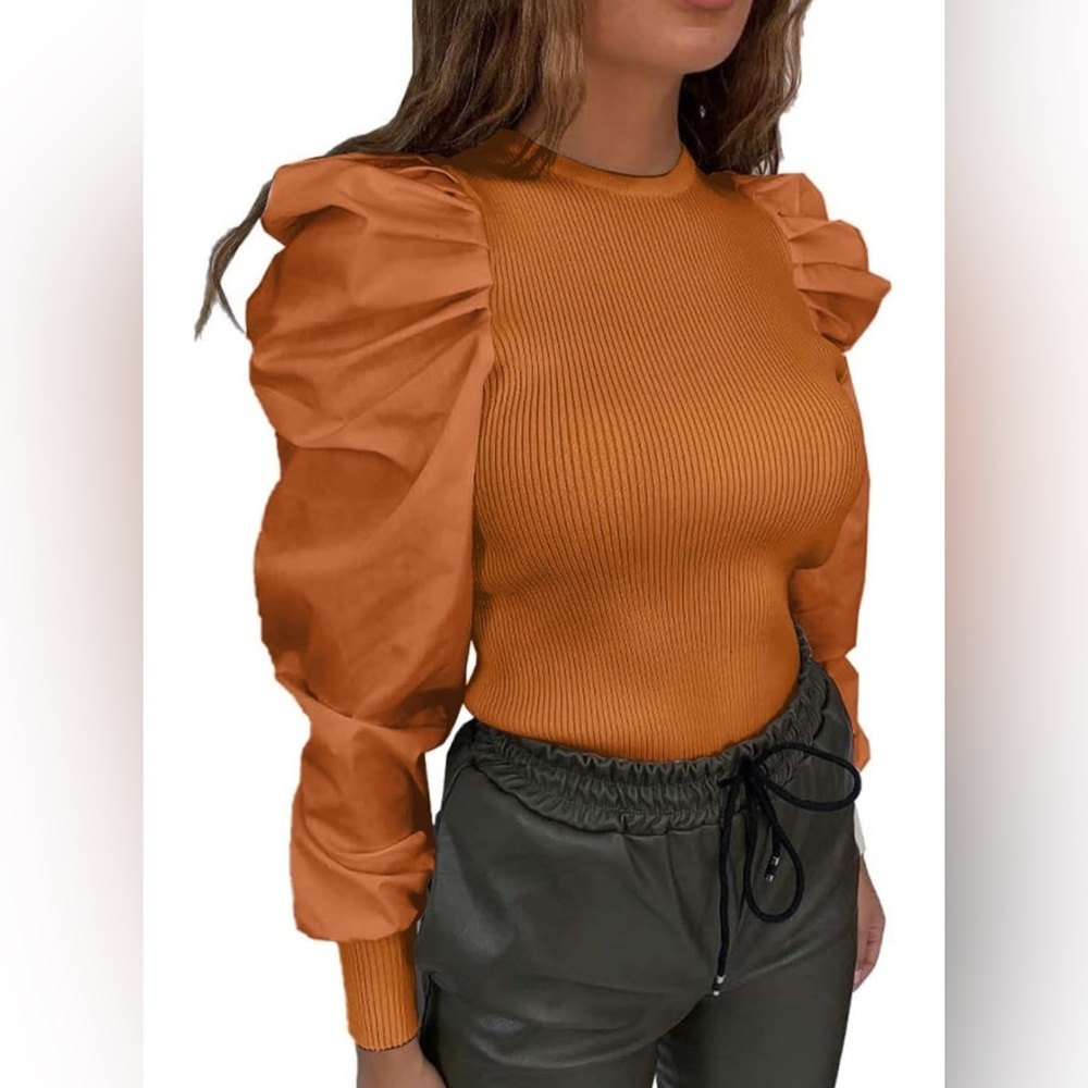Puff Long Sleeve Ribbed Ruched Crewneck Slim Fit PartyTop
